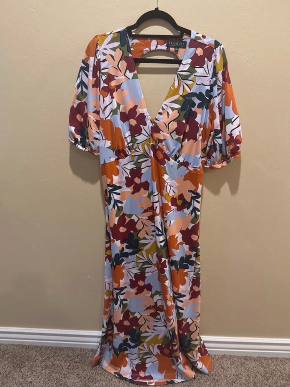 Eloquii Floral V-Neck Maxi Dress in Rust, Light Blue, Burgundy, Olive